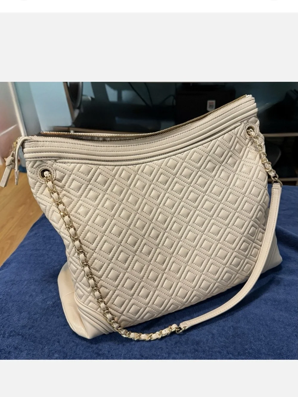 Tory Burch Cream Quilted Leather Shoulder Tote with Tassel & Wallet